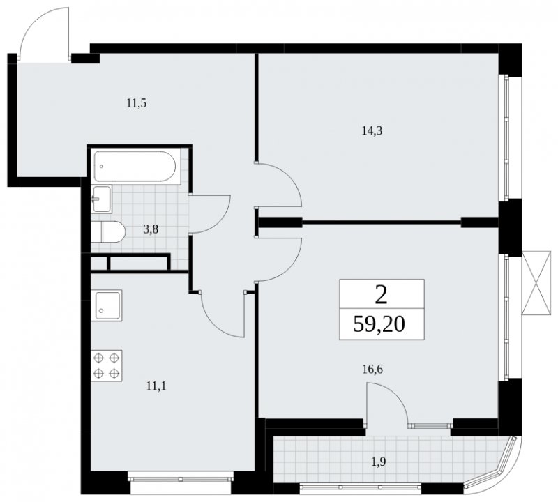 2-комнатная квартира с частичной отделкой, 59.2 м2, 7 этаж, сдача 4 квартал 2024 г., ЖК Скандинавия, корпус 36.3.1 - объявление 1894573 - фото №1