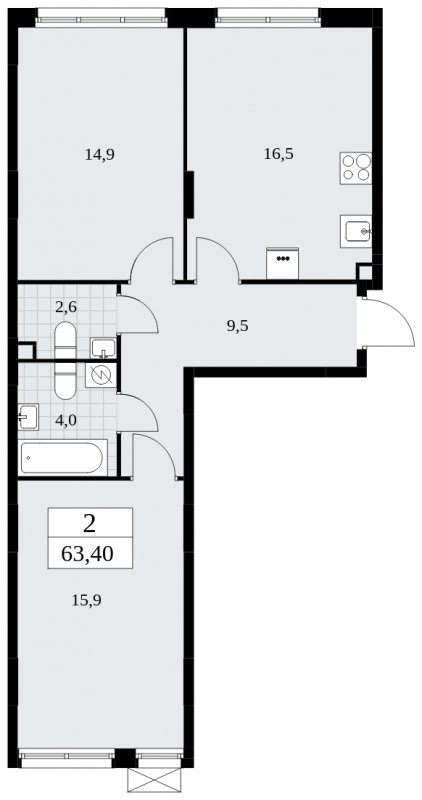 2-комнатная квартира с частичной отделкой, 63.4 м2, 2 этаж, сдача 1 квартал 2025 г., ЖК Дзен-кварталы, корпус 1.2 - объявление 1895654 - фото №1