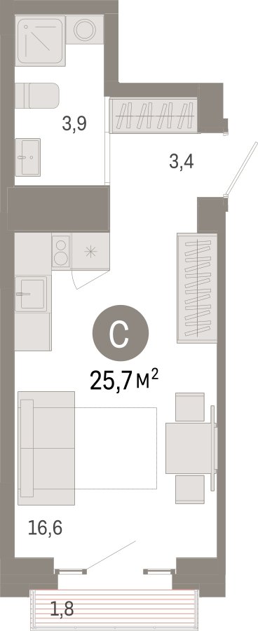 Студия с частичной отделкой, 25.7 м2, 4 этаж, сдача 3 квартал 2026 г., ЖК Квартал Метроном, корпус 1 - объявление 2331007 - фото №1
