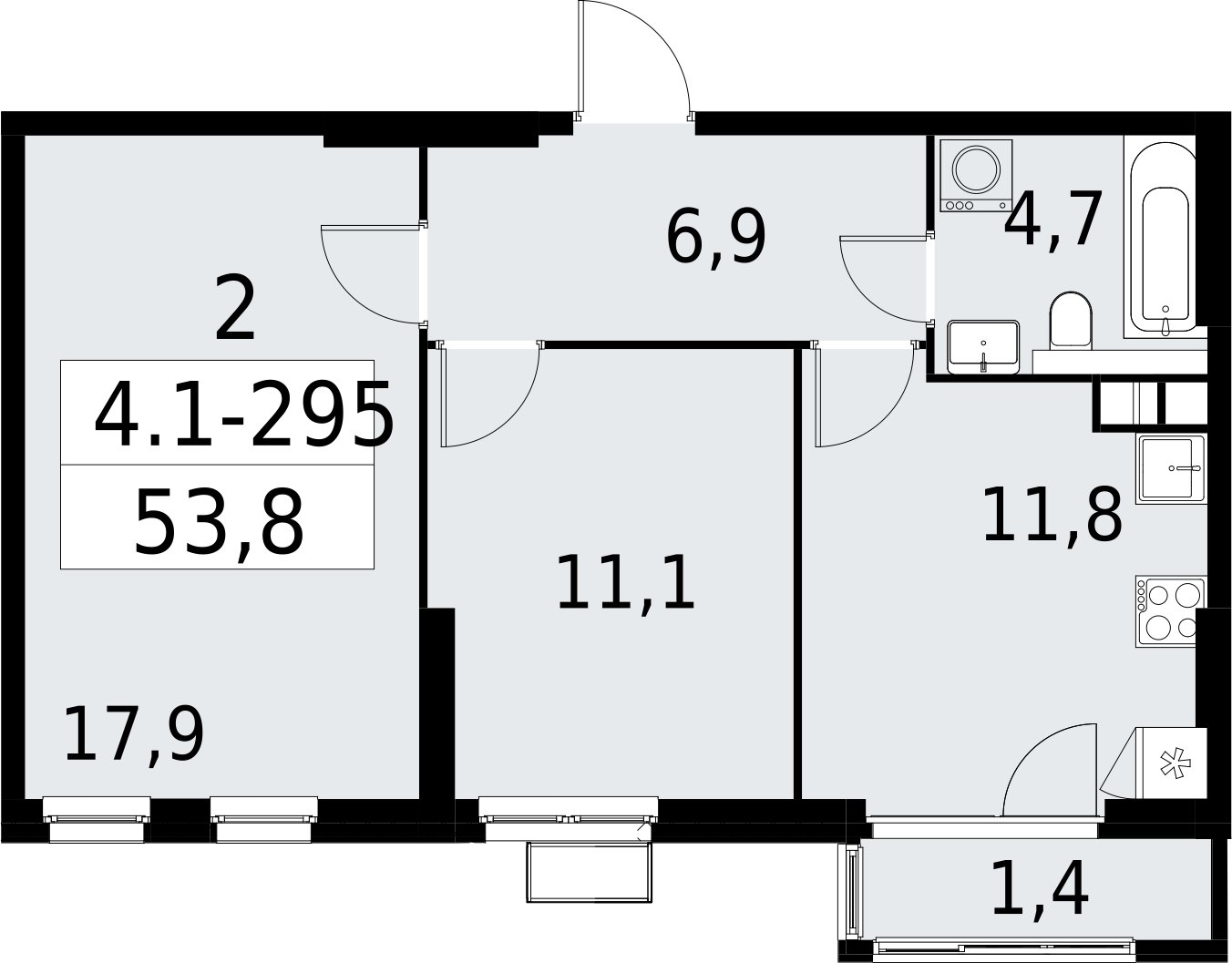 2-комнатная квартира с полной отделкой, 53.8 м2, 7 этаж, сдача 2 квартал 2027 г., ЖК Южные сады, корпус 4.1.2 - объявление 2392803 - фото №1