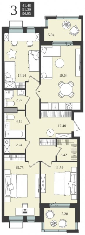 3-комнатная квартира без отделки, 96.93 м2, 4 этаж, сдача 1 квартал 2024 г., ЖК Мишино-2, корпус 7 - объявление 1812204 - фото №1