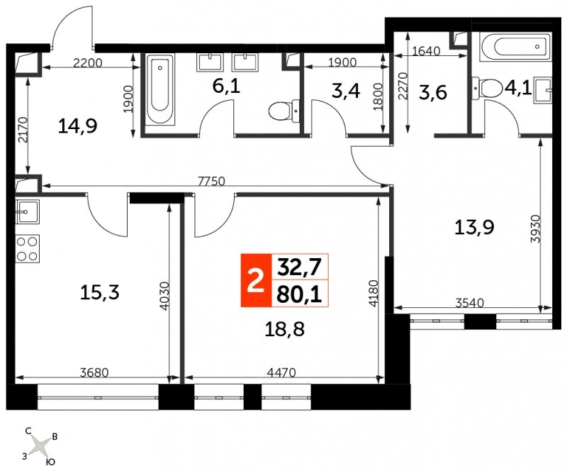 2-комнатная квартира с частичной отделкой, 80.1 м2, 6 этаж, сдача 3 квартал 2024 г., ЖК Sydney City, корпус 2.1 - объявление 1612559 - фото №1