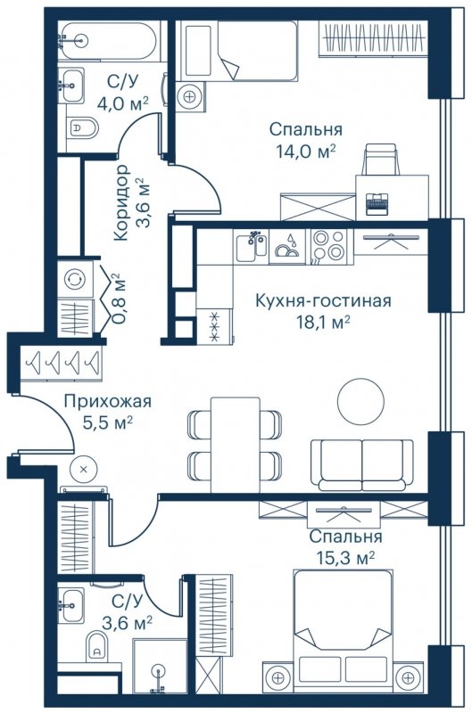 2-комнатная квартира с частичной отделкой, 64.85 м2, 7 этаж, сдача 2 квартал 2023 г., ЖК City Bay, корпус Indian Ocean 8 - объявление 1710935 - фото №1