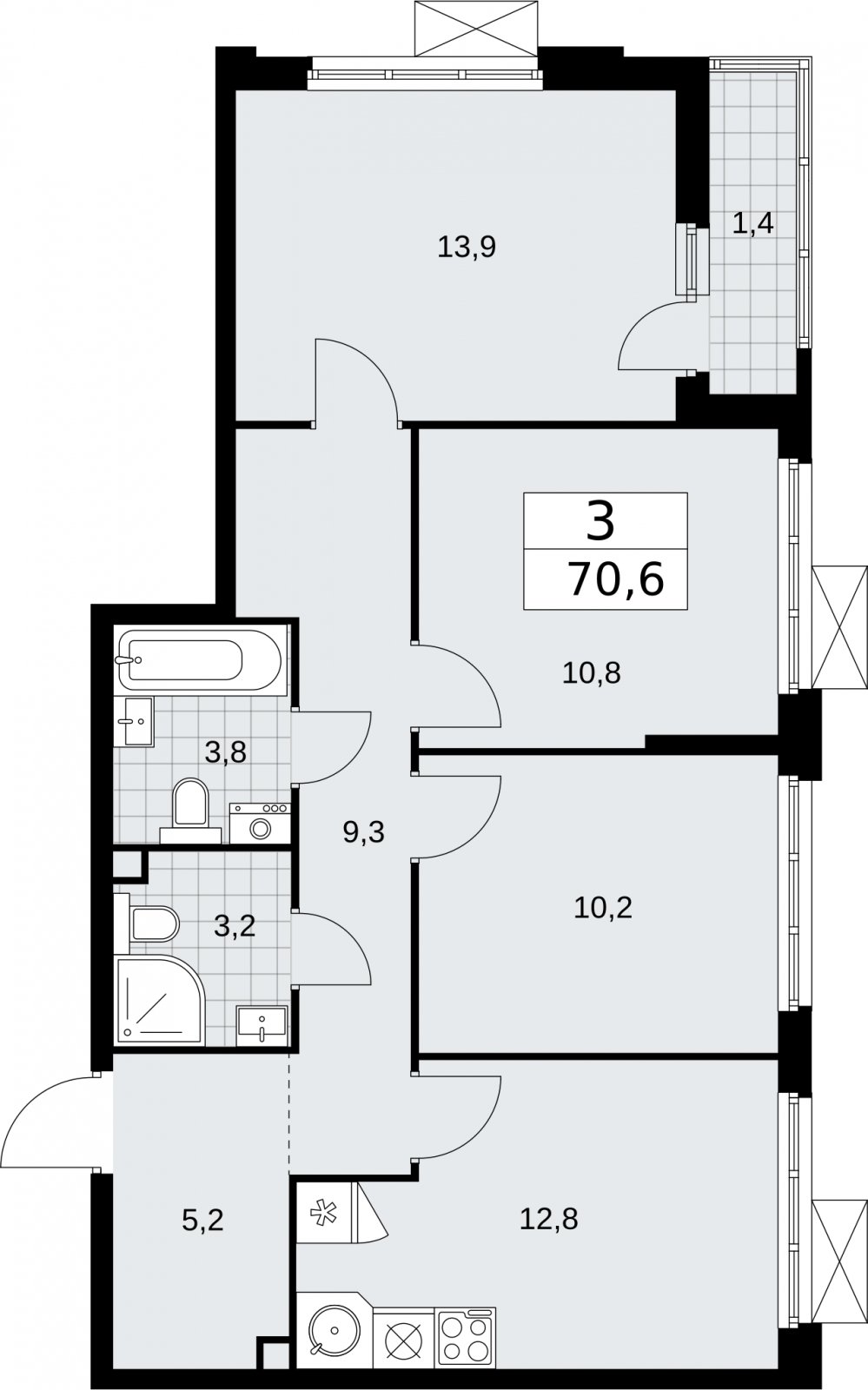 3-комнатная квартира без отделки, 70.6 м2, 2 этаж, сдача 2 квартал 2026 г., ЖК Бунинские кварталы, корпус 5.4 - объявление 2297761 - фото №1