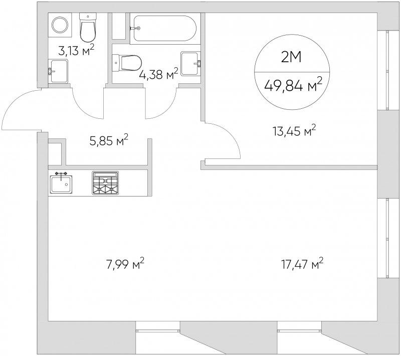 2-комнатные апартаменты с частичной отделкой, 49.84 м2, 13 этаж, сдача 1 квартал 2024 г., ЖК N'ICE LOFT, корпус 3 - объявление 1659015 - фото №1
