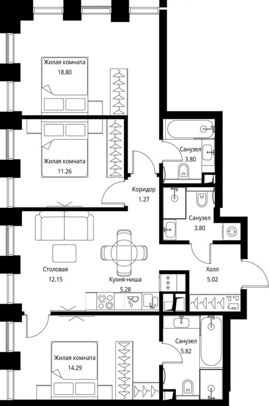3-комнатная квартира с частичной отделкой, 81.49 м2, 10 этаж, сдача 3 квартал 2026 г., ЖК City Bay, корпус North Ocean 2 - объявление 2240658 - фото №1