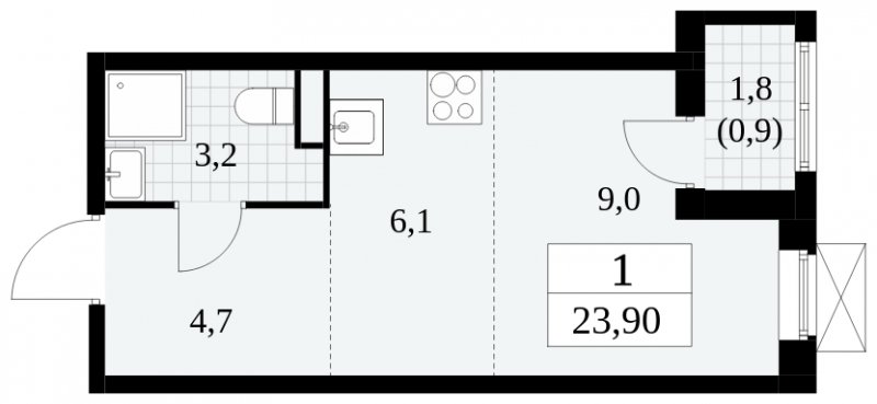 1-комнатная квартира без отделки, 23.9 м2, 3 этаж, сдача 2 квартал 2024 г., ЖК Прокшино, корпус 6.3 - объявление 1662922 - фото №1
