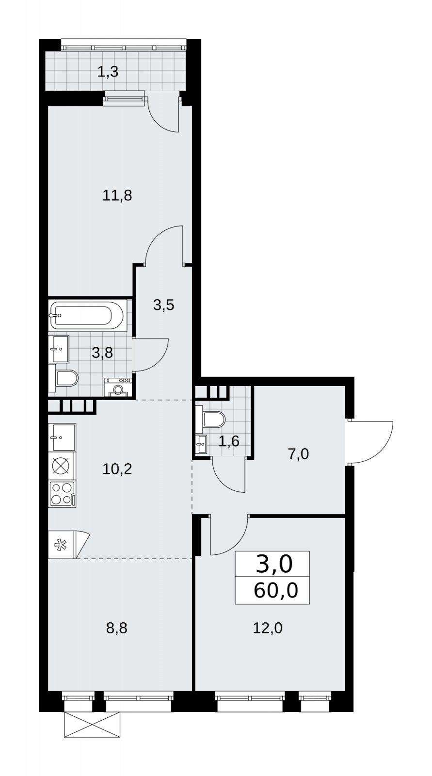 3-комнатная квартира (евро) с частичной отделкой, 60 м2, 7 этаж, сдача 2 квартал 2026 г., ЖК Прокшино, корпус 10.1.5 - объявление 2227766 - фото №1