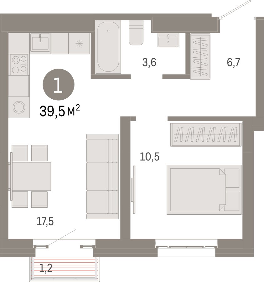 1-комнатная квартира с частичной отделкой, 39.5 м2, 28 этаж, сдача 3 квартал 2026 г., ЖК Квартал Метроном, корпус 1 - объявление 2358208 - фото №1