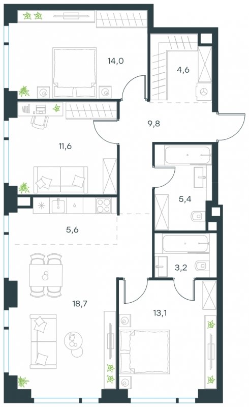 4-комнатная квартира (евро) с частичной отделкой, 86 м2, 33 этаж, сдача 4 квартал 2024 г., ЖК Level Мичуринский, корпус 5 - объявление 1635426 - фото №1