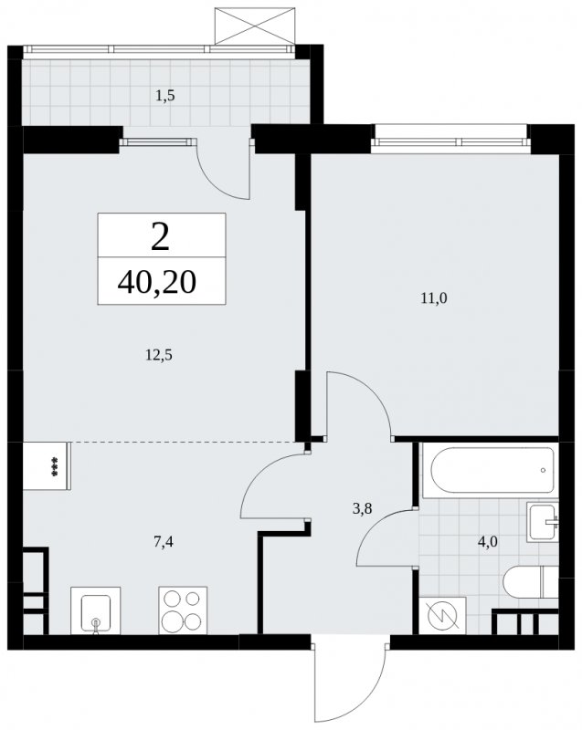 2-комнатная квартира (евро) с частичной отделкой, 40.2 м2, 5 этаж, сдача 1 квартал 2025 г., ЖК Дзен-кварталы, корпус 1.2 - объявление 1895773 - фото №1
