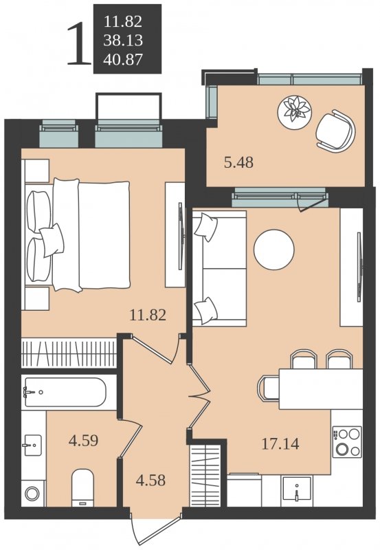 1-комнатная квартира без отделки, 40.87 м2, 3 этаж, сдача 1 квартал 2024 г., ЖК Мишино-2, корпус 10 - объявление 1748238 - фото №1