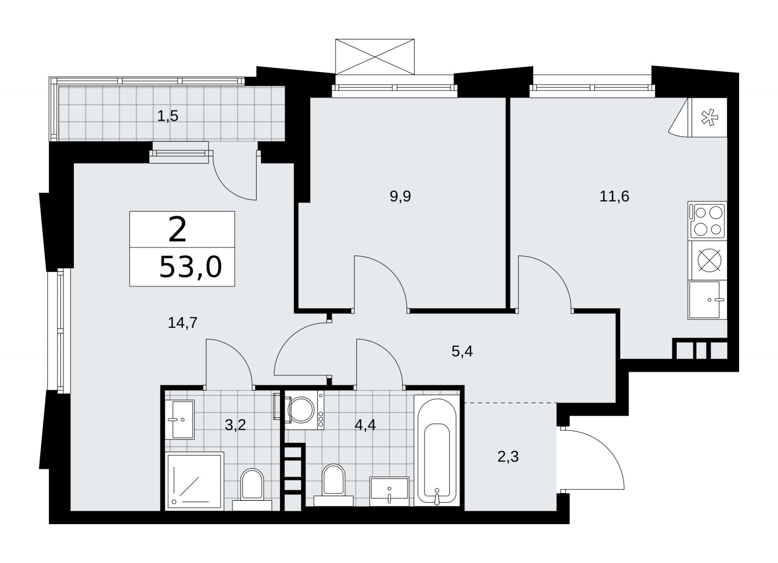 2-комнатная квартира с частичной отделкой, 53 м2, 10 этаж, сдача 1 квартал 2026 г., ЖК Прокшино, корпус 11.1.2 - объявление 2257294 - фото №1