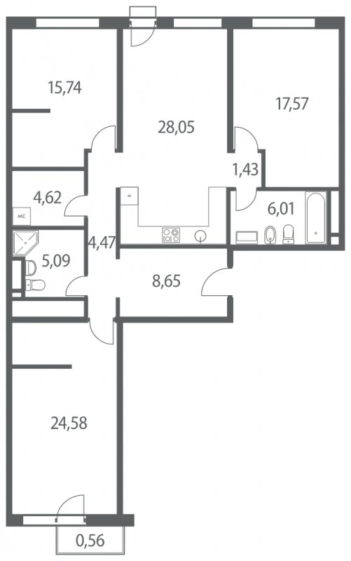 3-комнатная квартира без отделки, 116.21 м2, 4 этаж, сдача 4 квартал 2022 г., ЖК Headliner, корпус 10 - объявление 1299506 - фото №1