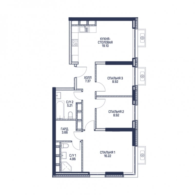 3-комнатная квартира с частичной отделкой, 74.3 м2, 21 этаж, дом сдан, ЖК Любовь и Голуби, корпус 2 - объявление 1962599 - фото №1