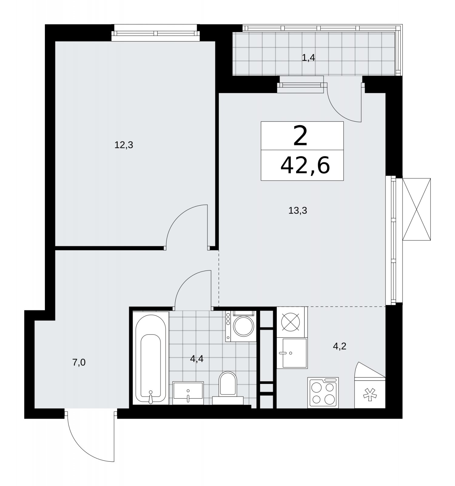 2-комнатная квартира (евро) без отделки, 42.6 м2, 10 этаж, сдача 4 квартал 2025 г., ЖК Прокшино, корпус 11.1.4 - объявление 2257825 - фото №1