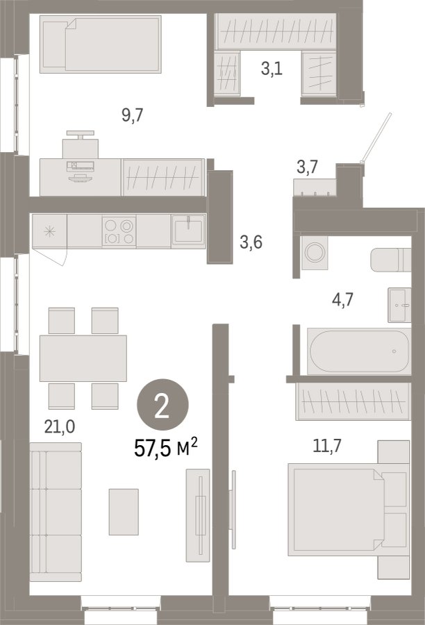 2-комнатная квартира с частичной отделкой, 57.5 м2, 10 этаж, сдача 3 квартал 2026 г., ЖК Квартал Метроном, корпус 1 - объявление 2342568 - фото №1