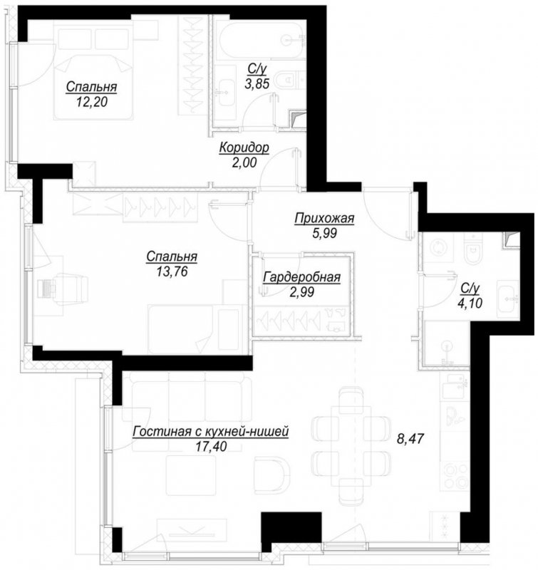 2-комнатная квартира с частичной отделкой, 70.7 м2, 6 этаж, сдача 1 квартал 2023 г., ЖК Hide, корпус RiverSide - объявление 1707097 - фото №1