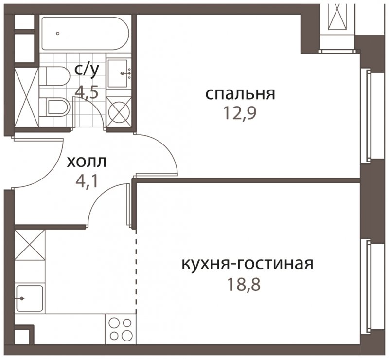 2-комнатная квартира (евро) без отделки, 40.3 м2, 2 этаж, дом сдан, ЖК HomeCity, корпус 1 - объявление 1762762 - фото №1