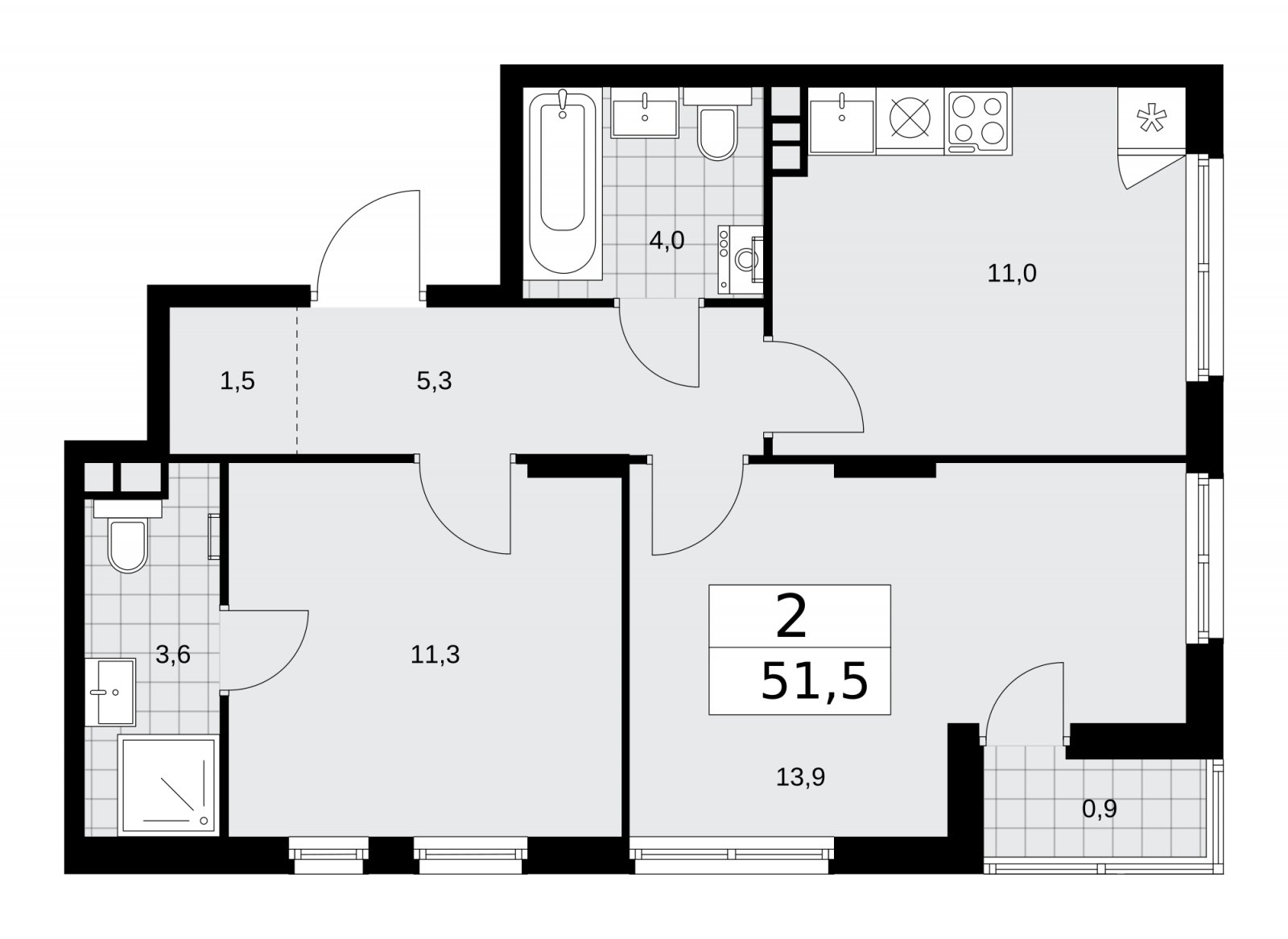 2-комнатная квартира с частичной отделкой, 51.5 м2, 12 этаж, сдача 2 квартал 2026 г., ЖК Деснаречье, корпус 4.5 - объявление 2264573 - фото №1