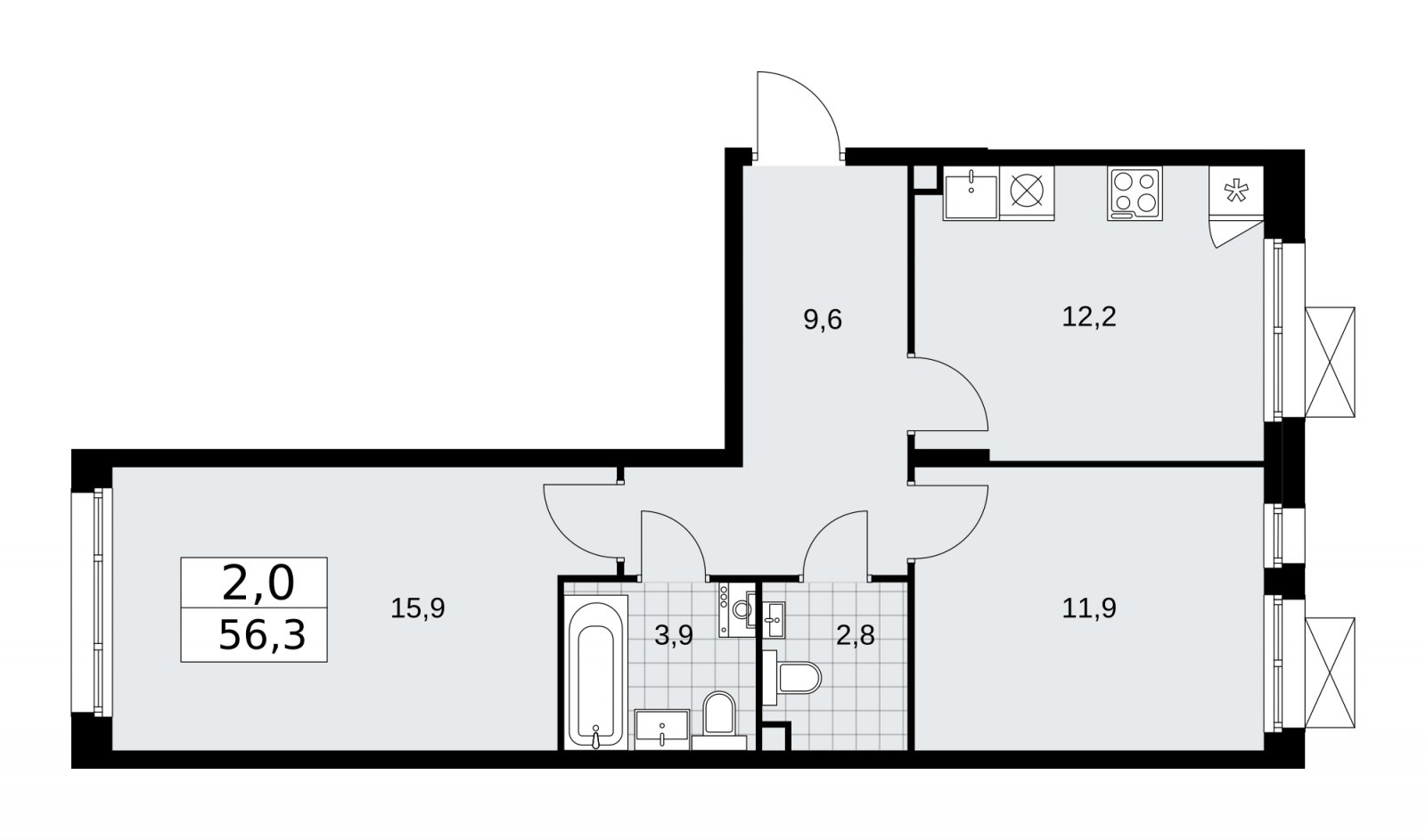 2-комнатная квартира с частичной отделкой, 56.3 м2, 2 этаж, сдача 2 квартал 2026 г., ЖК Прокшино, корпус 10.1.5 - объявление 2227771 - фото №1