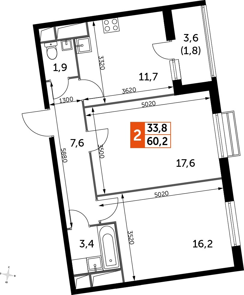 2-комнатная квартира без отделки, 60.2 м2, 10 этаж, дом сдан, ЖК UP-квартал Римский, корпус 7 - объявление 2208704 - фото №1