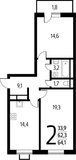 2-комнатная квартира с полной отделкой, 64.1 м2, 11 этаж, сдача 1 квартал 2025 г., ЖК Новые Ватутинки. Заречный, корпус 5/2 - объявление 2271722 - фото №1