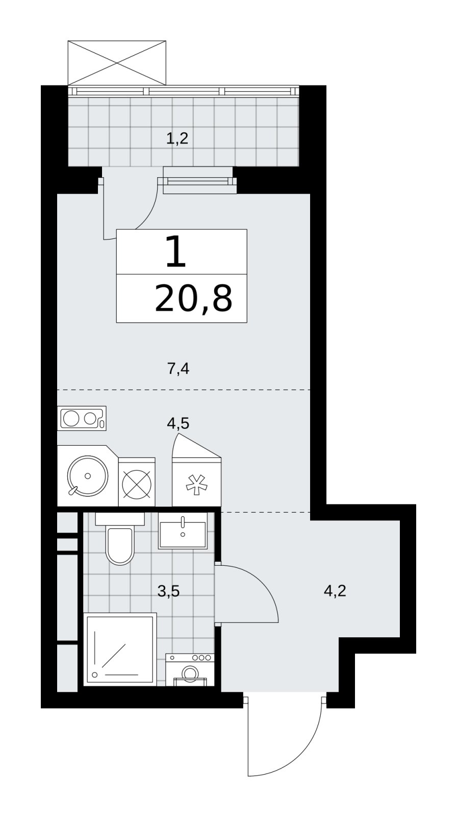 Студия с частичной отделкой, 20.8 м2, 12 этаж, сдача 1 квартал 2026 г., ЖК Прокшино, корпус 11.1.1 - объявление 2257162 - фото №1