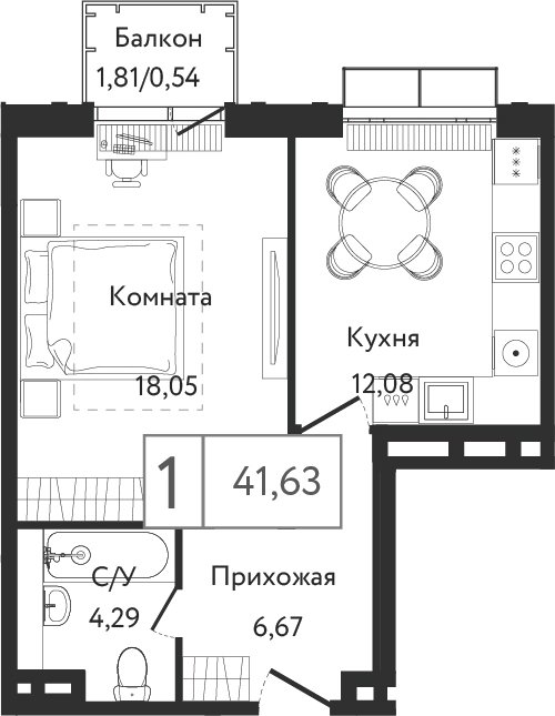 1-комнатная квартира без отделки, 42.4 м2, 4 этаж, сдача 4 квартал 2023 г., ЖК Dream Towers, корпус 3 - объявление 2301583 - фото №1