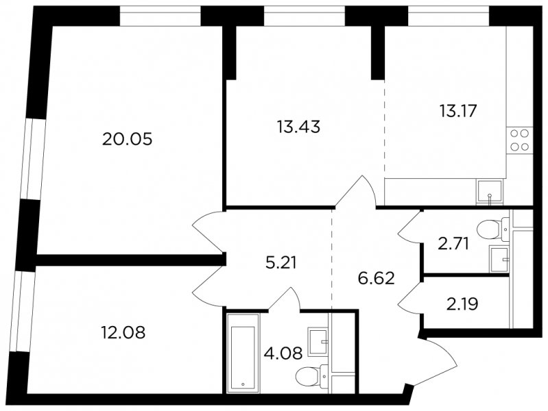 3-комнатная квартира без отделки, 79.54 м2, 2 этаж, дом сдан, ЖК КутузовGRAD 2, корпус 5 - объявление 1748594 - фото №1