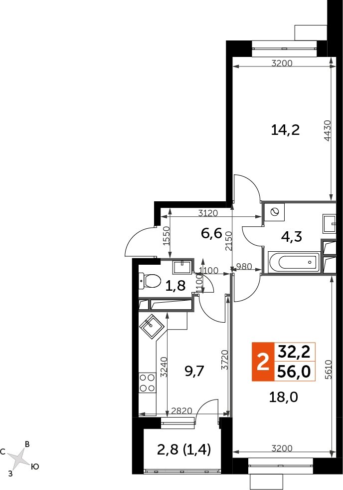 2-комнатная квартира с полной отделкой, 56 м2, 14 этаж, дом сдан, ЖК Датский квартал, корпус 2 - объявление 2335336 - фото №1
