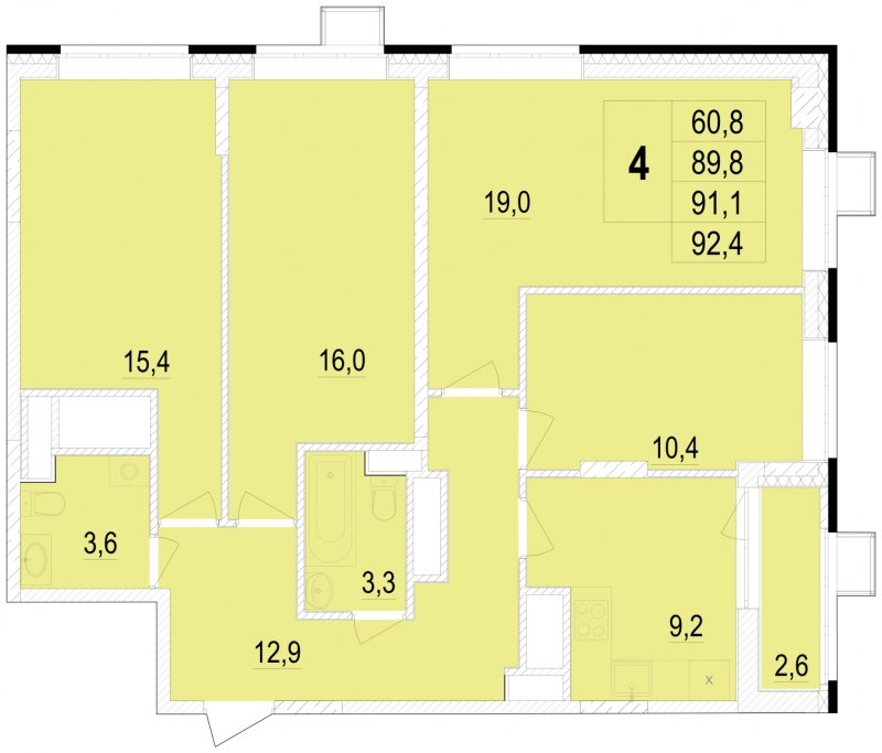 4-комнатная квартира без отделки, 91.1 м2, 18 этаж, сдача 1 квартал 2024 г., ЖК Отрадный, корпус 4 - объявление 1967104 - фото №1