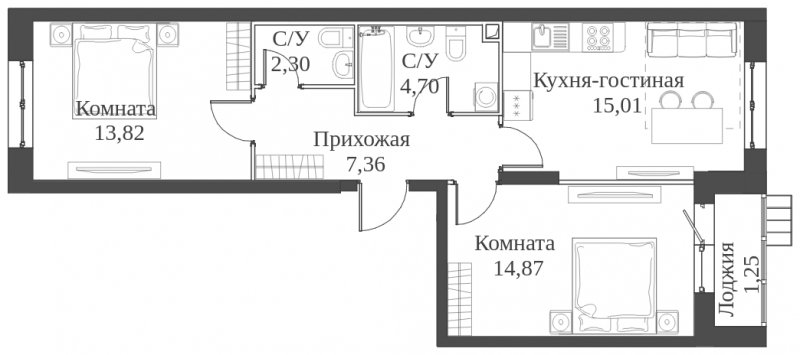 3-комнатная квартира (евро) с частичной отделкой, 59.31 м2, 2 этаж, сдача 2 квартал 2023 г., ЖК Аквилон Митино, корпус 4 - объявление 1651805 - фото №1