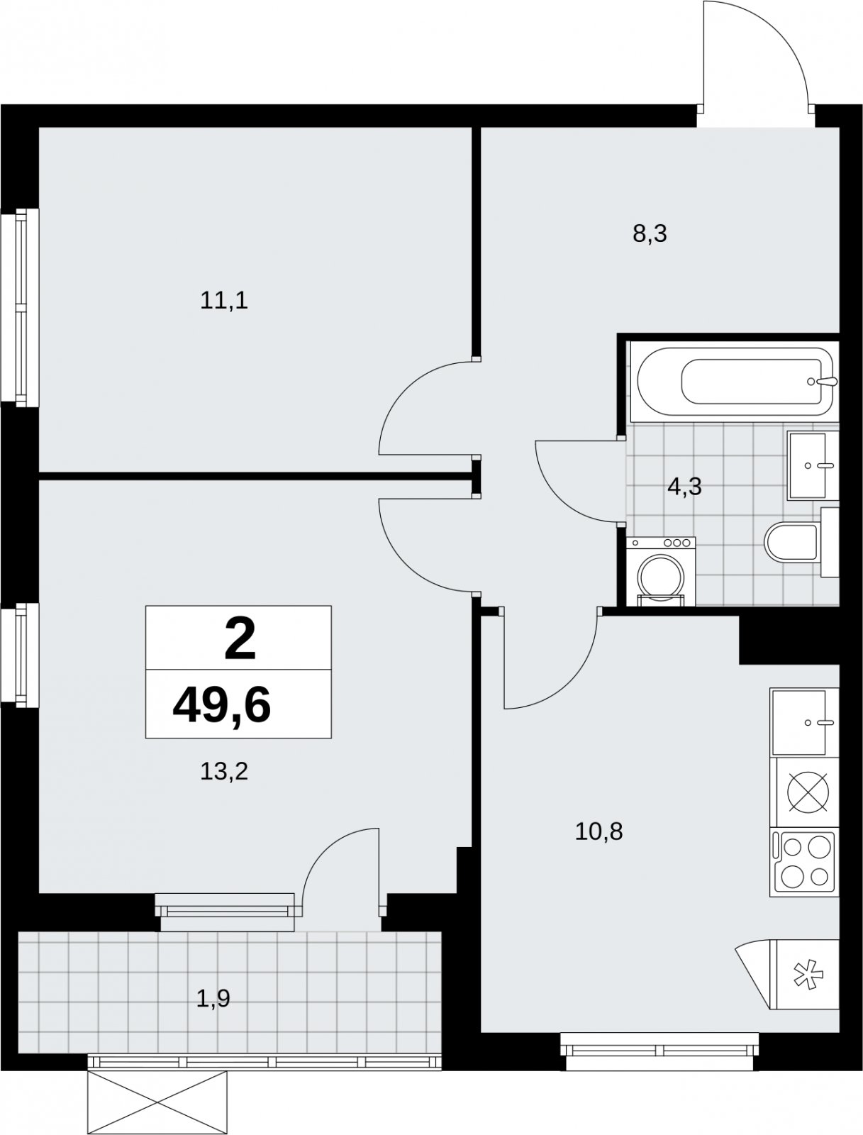 2-комнатная квартира без отделки, 49.6 м2, 3 этаж, сдача 2 квартал 2026 г., ЖК Дзен-кварталы, корпус 6.1.2 - объявление 2327220 - фото №1