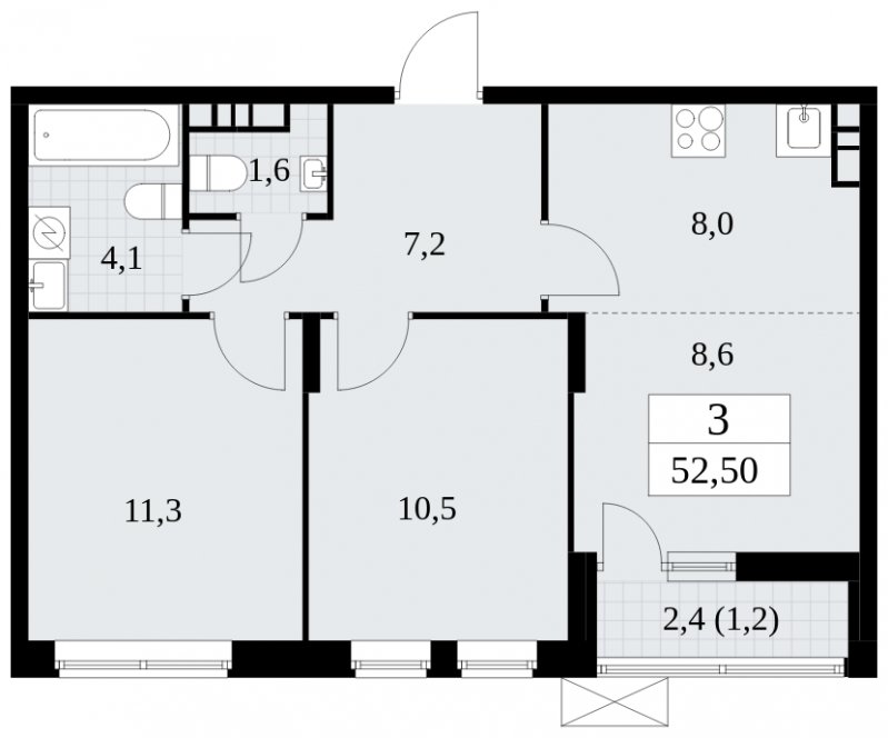 3-комнатная квартира (евро) без отделки, 52.5 м2, 12 этаж, сдача 1 квартал 2025 г., ЖК Прокшино, корпус 5.2.5 - объявление 1900920 - фото №1