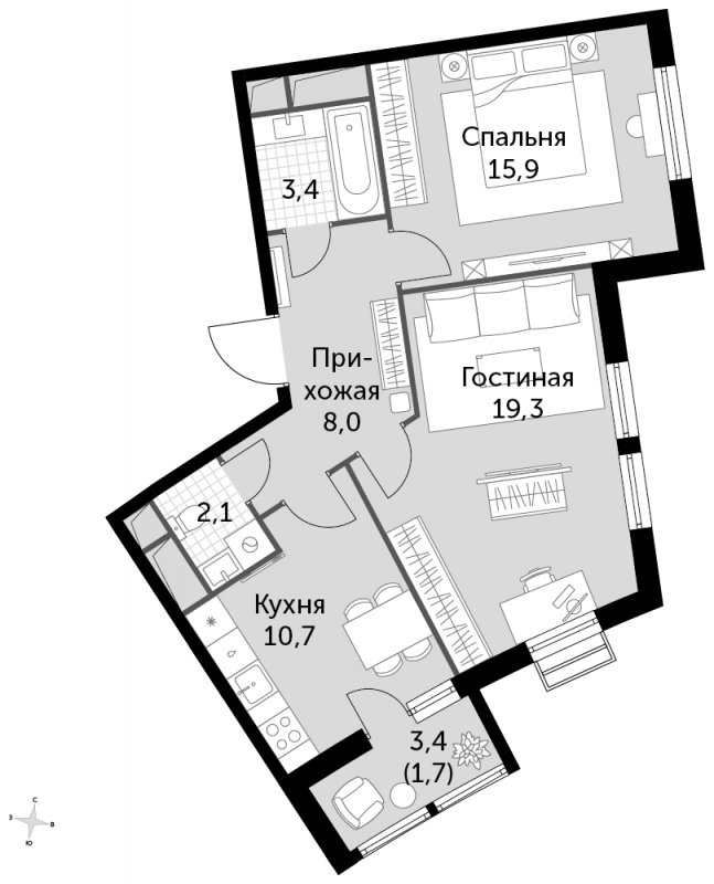 2-комнатная квартира без отделки, 61.1 м2, 2 этаж, сдача 3 квартал 2023 г., ЖК UP-квартал Римский, корпус 7 - объявление 1487072 - фото №1