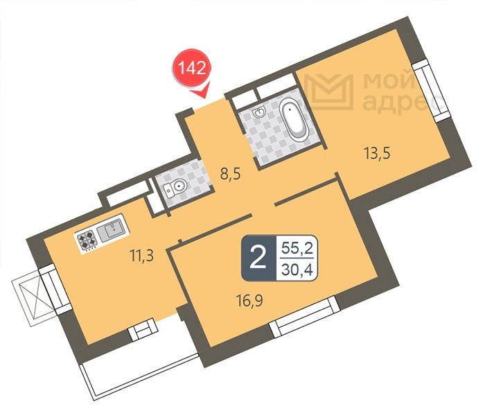 2-комнатная квартира без отделки, 55.2 м2, 2 этаж, дом сдан, ЖК мой адрес В Зеленограде 901Б, корпус 901Б - объявление 1891248 - фото №1