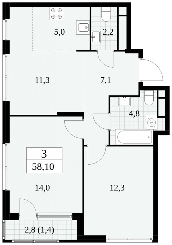 3-комнатная квартира (евро) без отделки, 58.1 м2, 25 этаж, сдача 2 квартал 2025 г., ЖК Южные сады, корпус 2.4 - объявление 1760517 - фото №1