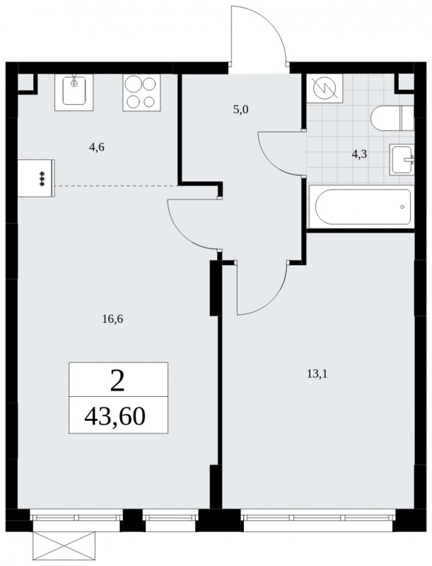 2-комнатная квартира (евро) с частичной отделкой, 43.6 м2, 2 этаж, сдача 1 квартал 2025 г., ЖК Дзен-кварталы, корпус 1.2 - объявление 1895653 - фото №1