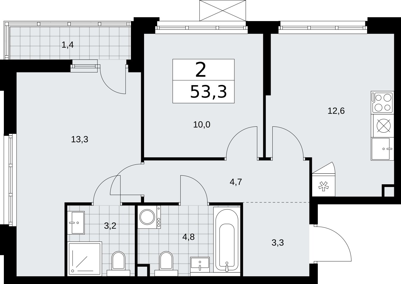 2-комнатная квартира без отделки, 53.3 м2, 2 этаж, сдача 2 квартал 2026 г., ЖК Бунинские кварталы, корпус 5.4 - объявление 2297675 - фото №1