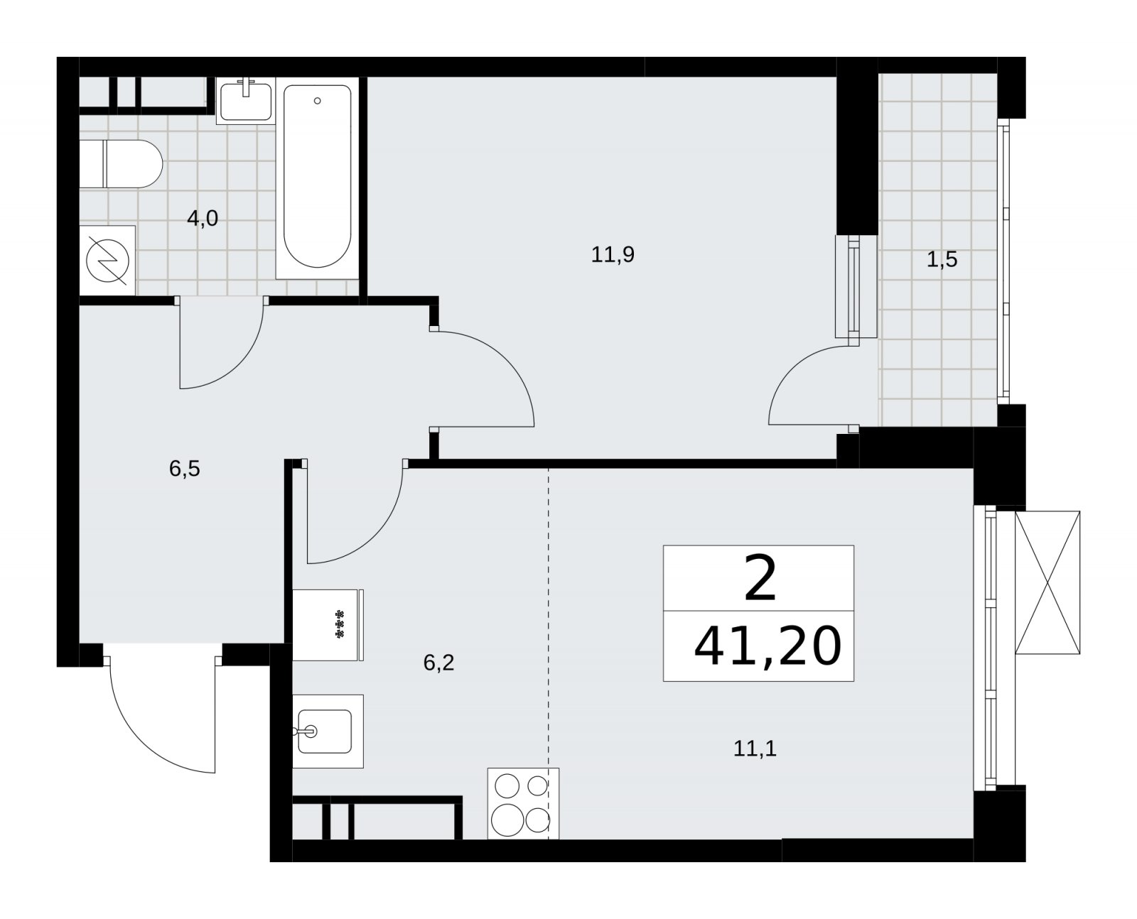 2-комнатная квартира (евро) без отделки, 41.2 м2, 15 этаж, сдача 3 квартал 2025 г., ЖК Скандинавия, корпус 28.2 - объявление 2202424 - фото №1