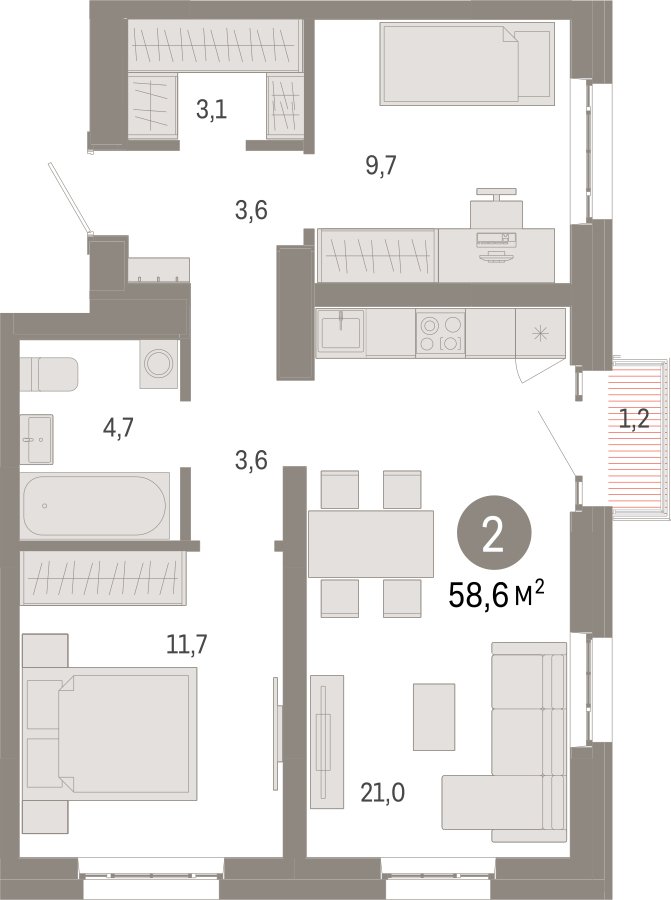 2-комнатная квартира с частичной отделкой, 58.6 м2, 12 этаж, сдача 3 квартал 2026 г., ЖК Квартал Метроном, корпус 1 - объявление 2372325 - фото №1