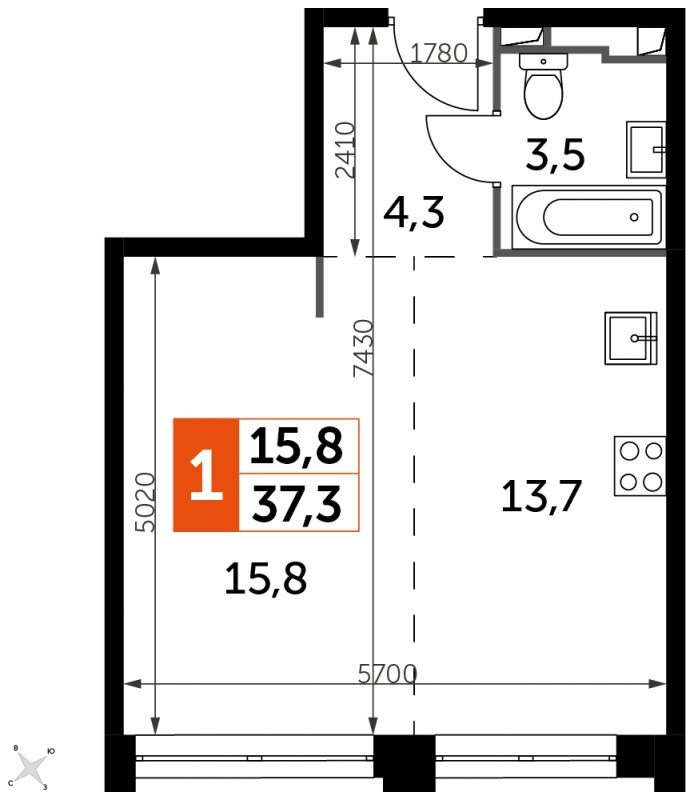 1-комнатная квартира без отделки, 37.3 м2, 40 этаж, сдача 1 квартал 2023 г., ЖК Sydney City, корпус 3 - объявление 1568967 - фото №1