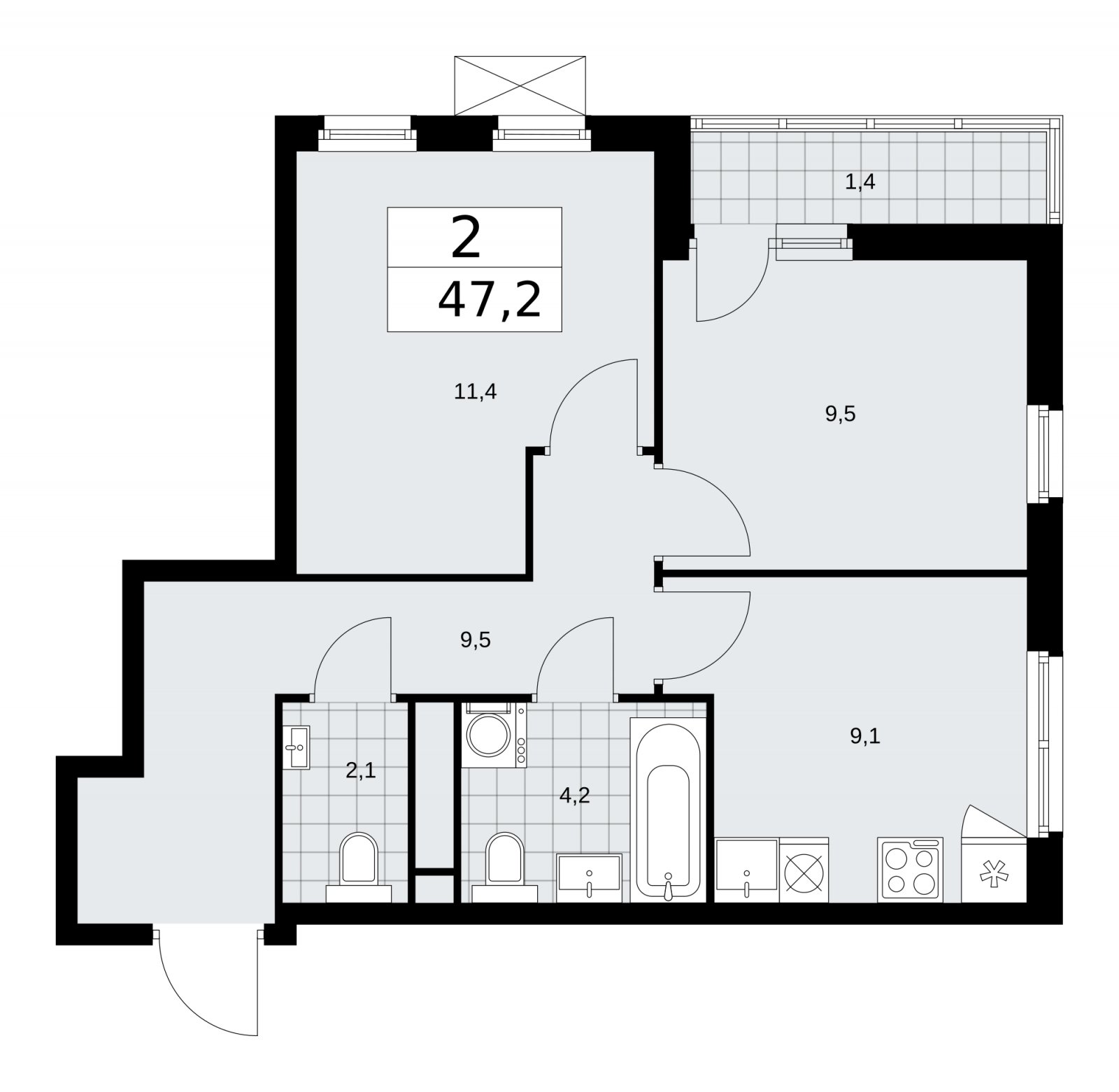 2-комнатная квартира с частичной отделкой, 47.2 м2, 11 этаж, сдача 1 квартал 2026 г., ЖК Прокшино, корпус 11.1.1 - объявление 2257230 - фото №1