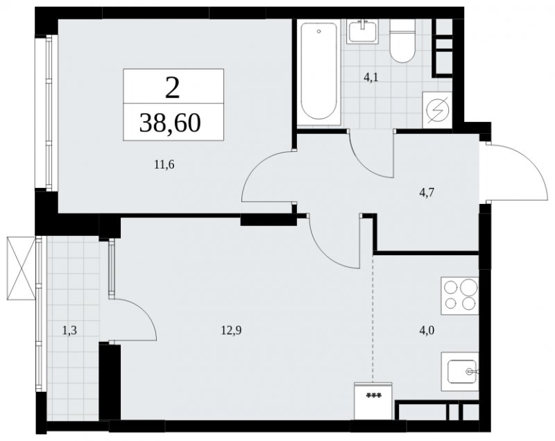 2-комнатная квартира (евро) с частичной отделкой, 38.6 м2, 9 этаж, сдача 3 квартал 2025 г., ЖК Дзен-кварталы, корпус 2.2 - объявление 1932490 - фото №1