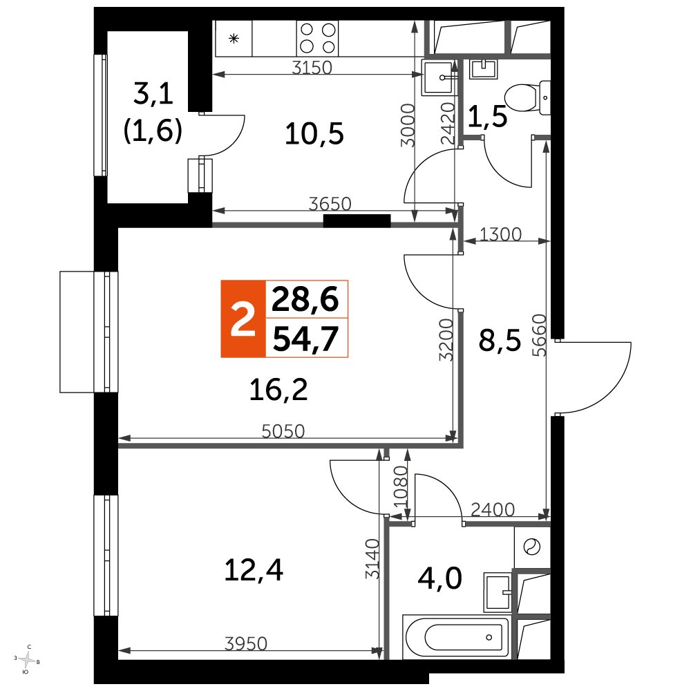 2-комнатная квартира с частичной отделкой, 54.6 м2, 3 этаж, дом сдан, ЖК UP-квартал Римский, корпус 7 - объявление 2353859 - фото №1