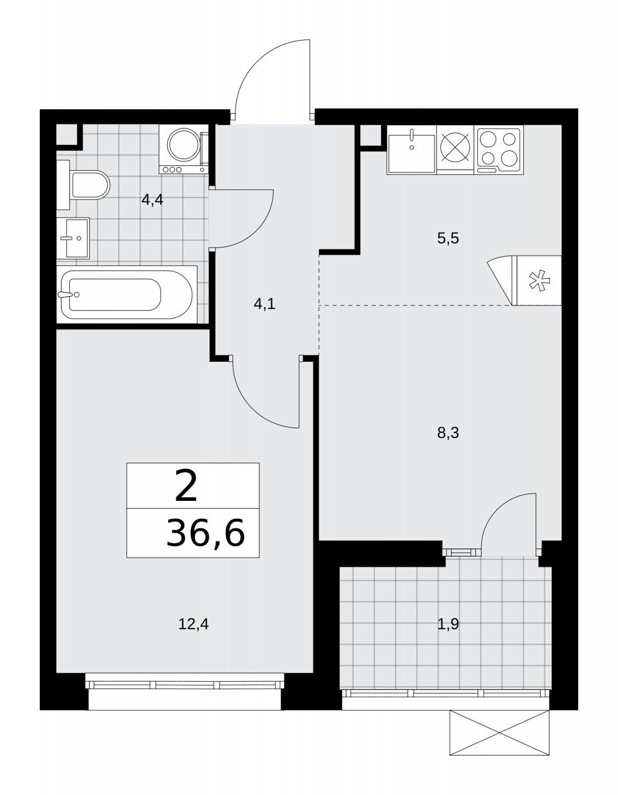 2-комнатная квартира (евро) без отделки, 36.6 м2, 2 этаж, сдача 1 квартал 2026 г., ЖК Деснаречье, корпус 4.3 - объявление 2263837 - фото №1