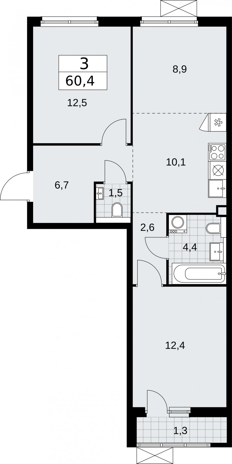 3-комнатная квартира (евро) без отделки, 60.4 м2, 2 этаж, сдача 2 квартал 2026 г., ЖК Бунинские кварталы, корпус 7.3 - объявление 2313934 - фото №1