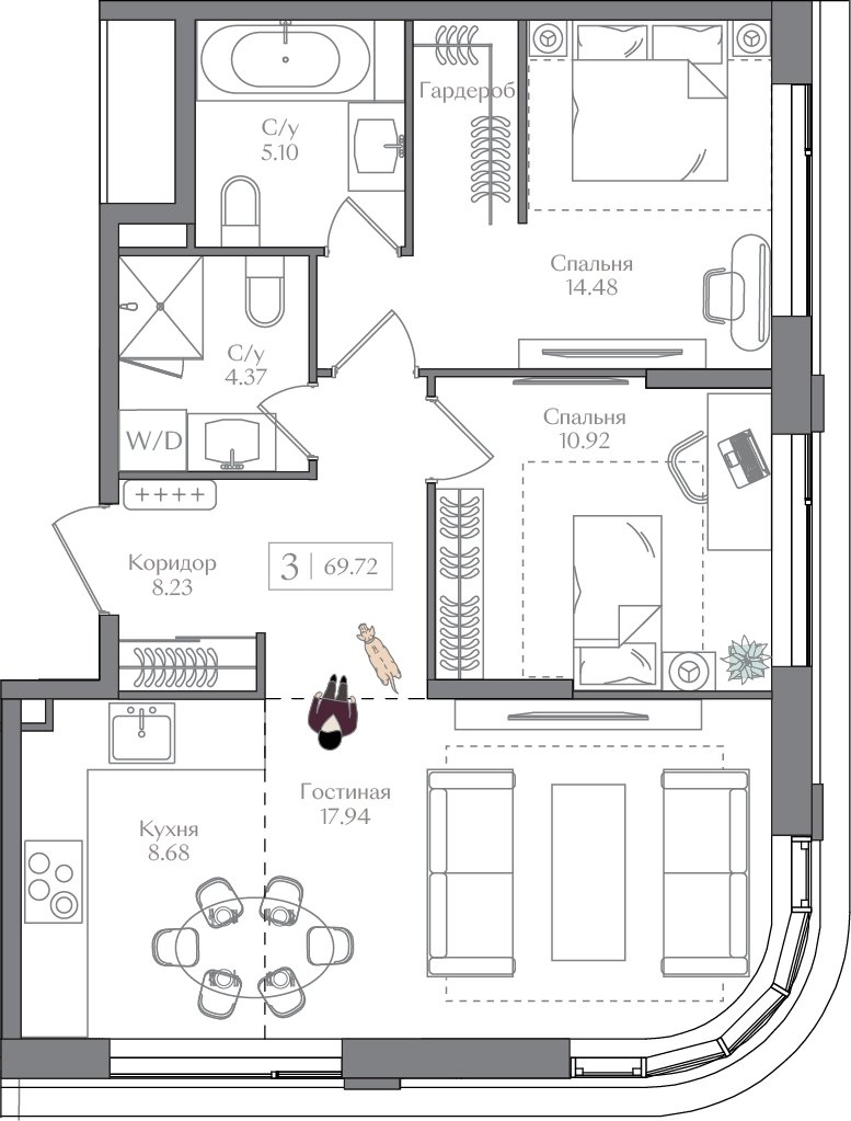 Купить трёхкомнатную квартиру 🏠 без отделки 69 кв.м, 11 этаж, корпус 2.3 в  Москве в ЖК 