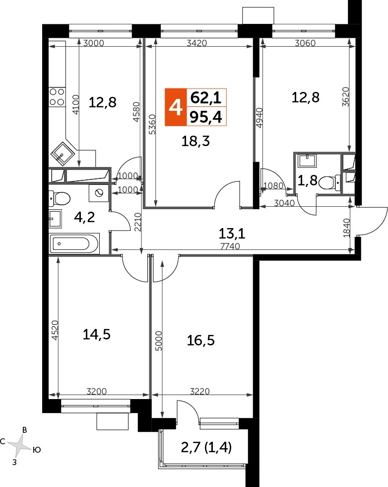 4-комнатная квартира без отделки, 95.3 м2, 8 этаж, дом сдан, ЖК Датский квартал, корпус 2 - объявление 2335590 - фото №1